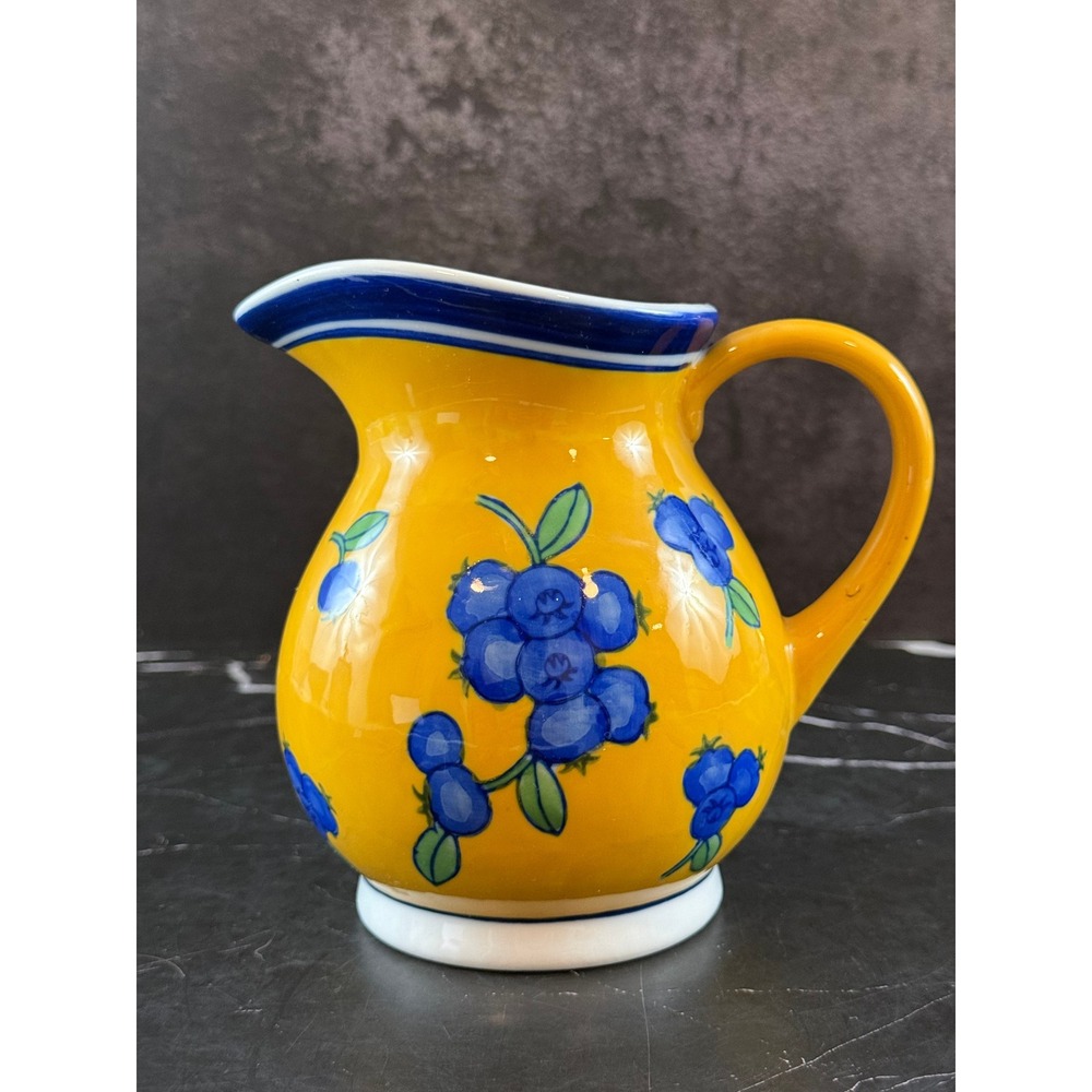 VTG April Cornell Blueberry 5.5in Yellow Ceramic Pitcher MINT!